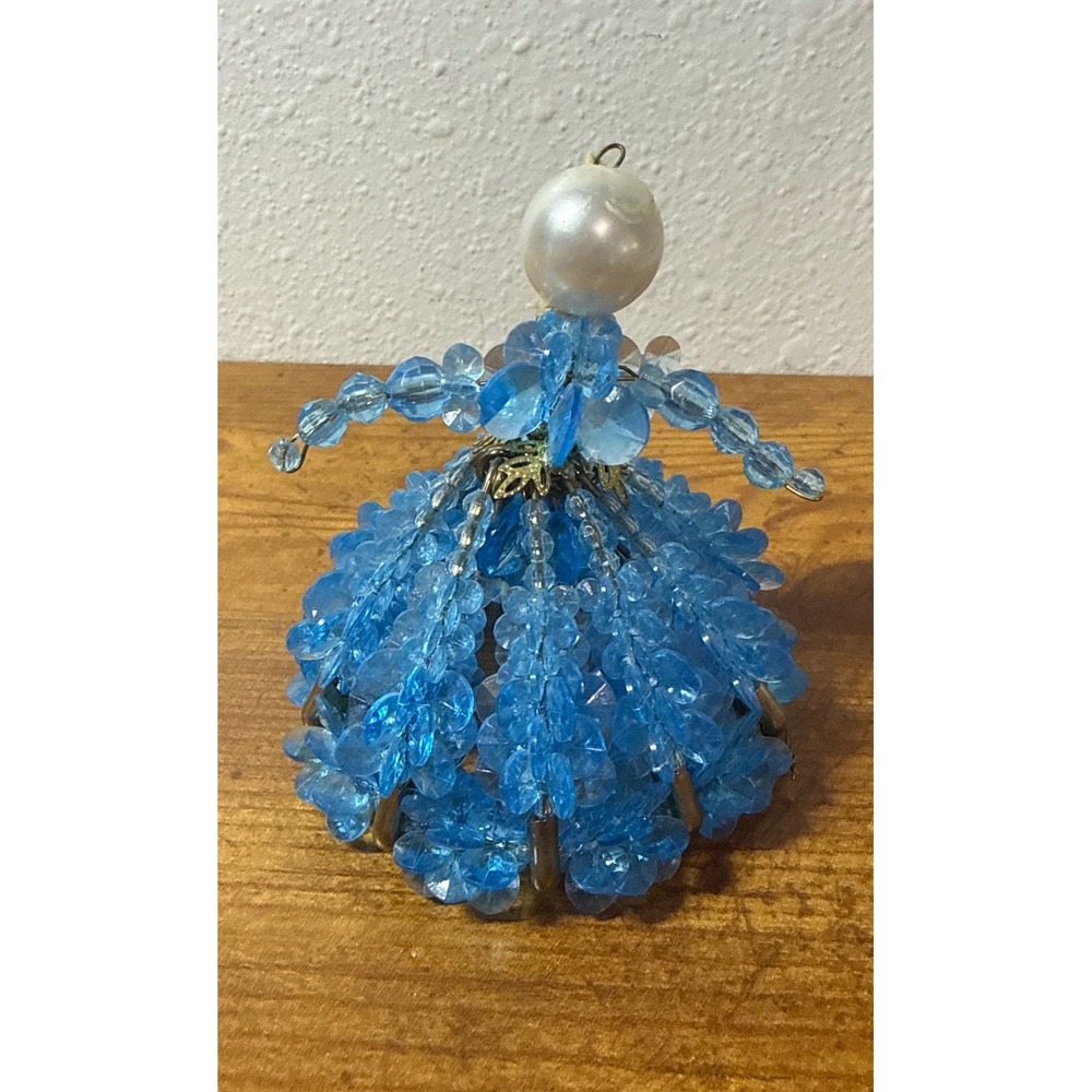 Vintage Handmade Blue Beaded Safety Pin Angel Ornament Faux Pearl Folk Art